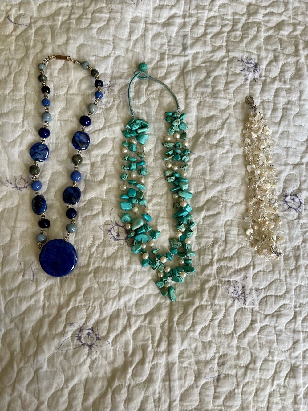 Two Beautiful Necklaces With One Bracelet - Stones, Shell, pearls & more!